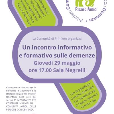 INCONTRO INFORMATIVO E FORMATIVO SULLE DEMENZE - 29 MAGGIO ORE 17.00 