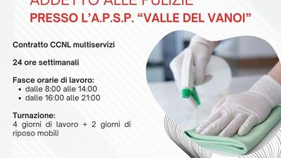 RICERCA ADDETTO ALLE PULIZIE PRESSO A.P.S.P. "VALLE DEL VANOI"