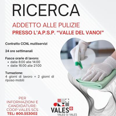 RICERCA ADDETTO ALLE PULIZIE PRESSO A.P.S.P. "VALLE DEL VANOI"